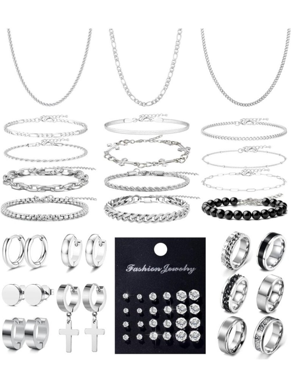 Stylish Men's Jewelry Set - Silver Stainless Steel Cuban Link Necklace
